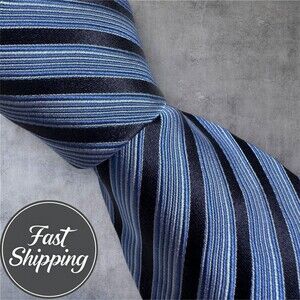 LANVIN PARIS MADE IN FRANCE Tie Striped 100% Silk Necktie Blue/Navy